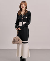 トランペットライン長袖ミディ丈配色ニットワンピース
sdp8103 ブラック