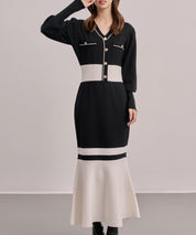 トランペットライン長袖ミディ丈配色ニットワンピース
sdp8103 ブラック