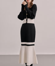 トランペットライン長袖ミディ丈配色ニットワンピース
sdp8103 ブラック