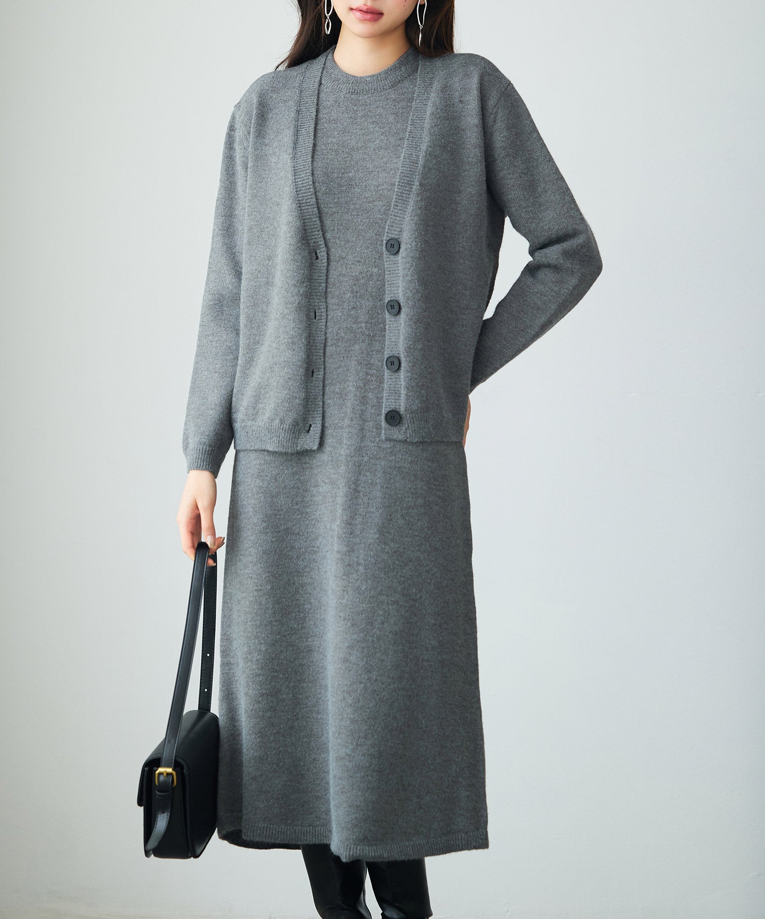 ワンピーとカーディのニットセットアップ/アンサンブルsdp8106 グレー