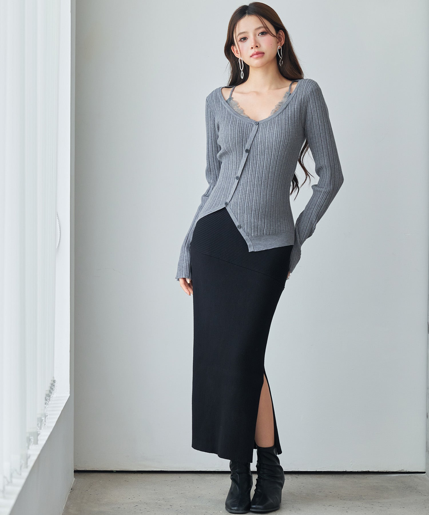 ランダムテレコ編み2枚風ニットトッブスsdp8112 グレー