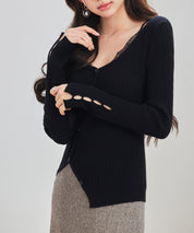 ランダムテレコ編み2枚風ニットトッブスsdp8112 ブラック