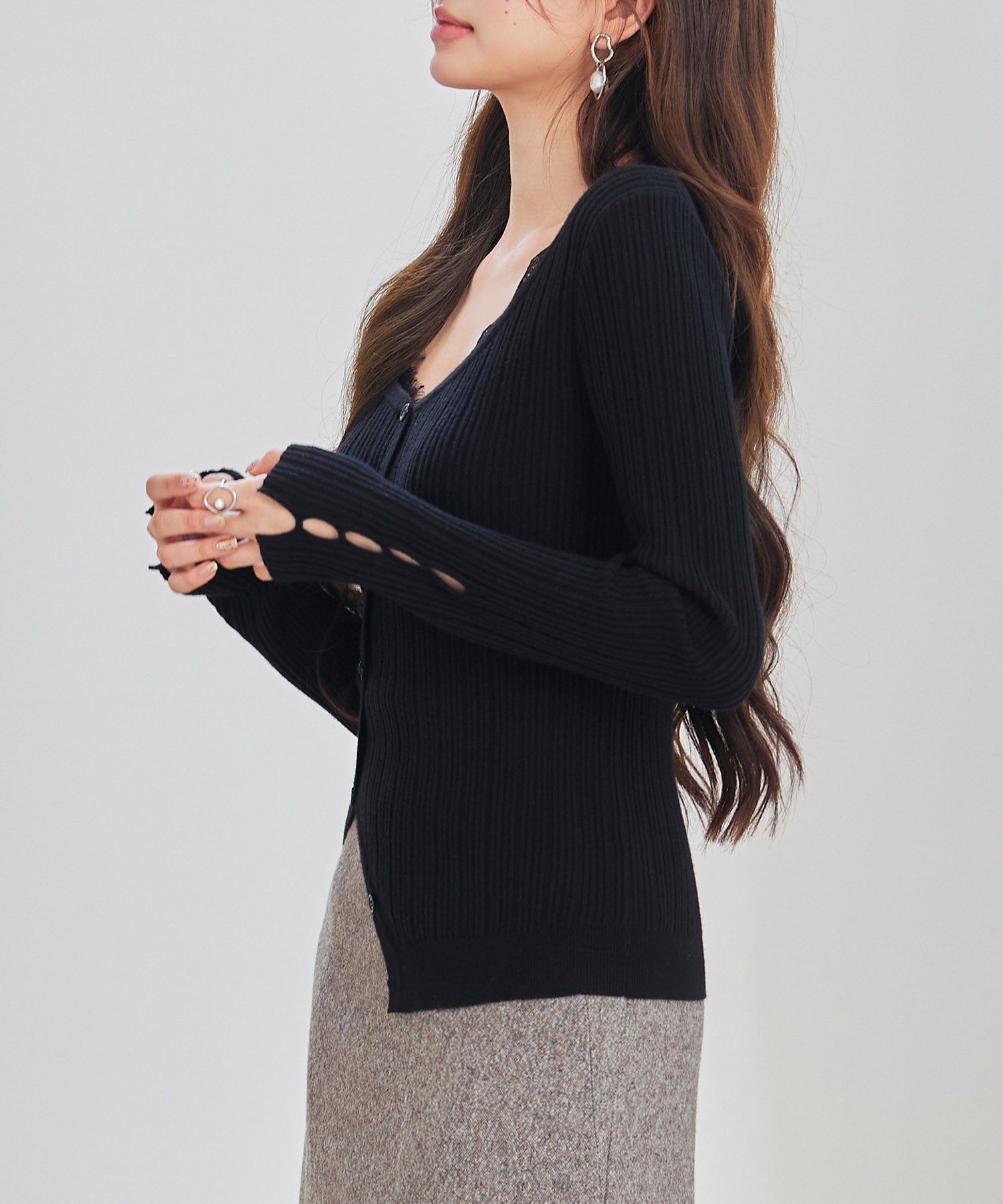 ランダムテレコ編み2枚風ニットトッブスsdp8112 ブラック