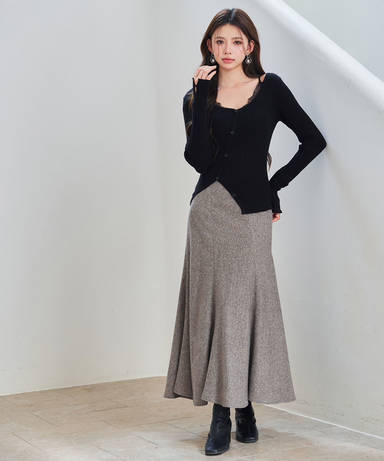 ランダムテレコ編み2枚風ニットトッブスsdp8112 ブラック