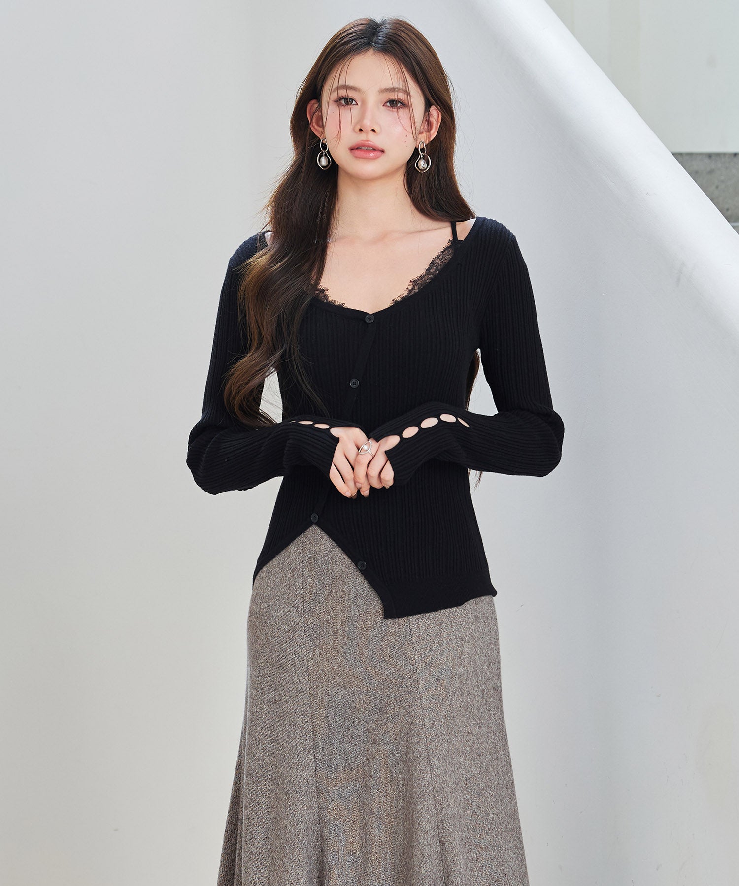 ランダムテレコ編み2枚風ニットトッブスsdp8112 ブラック