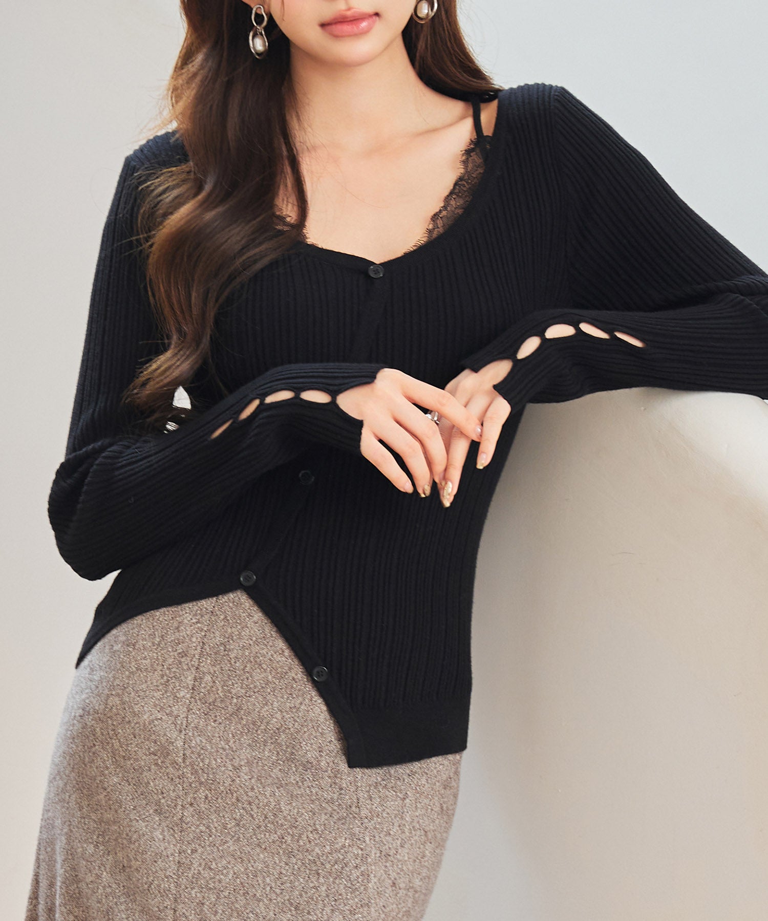 ランダムテレコ編み2枚風ニットトッブスsdp8112 ブラック