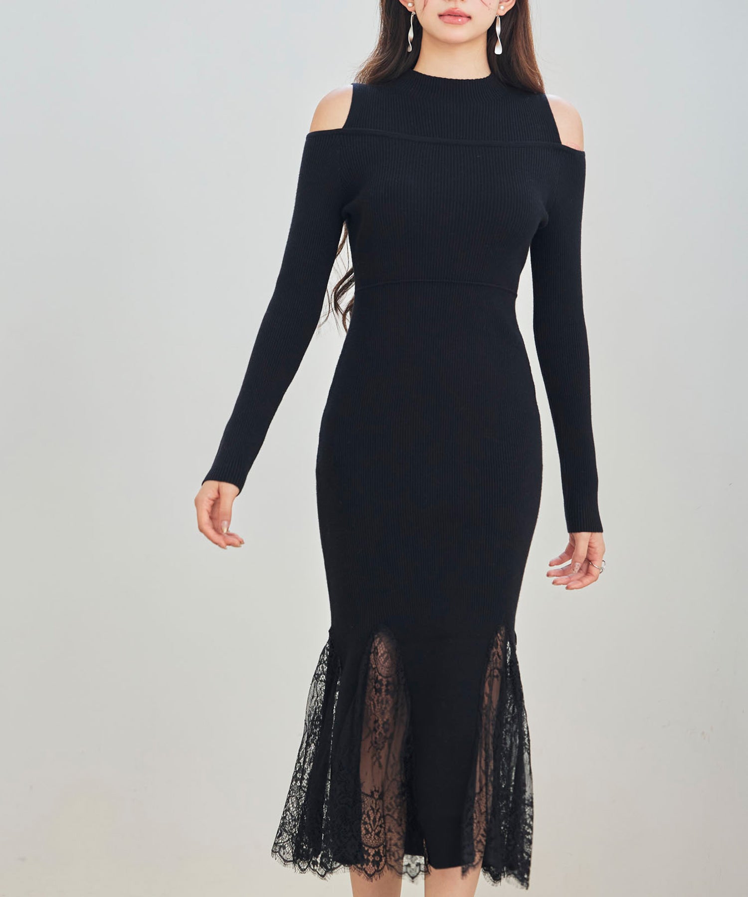 レースドキングオープンショルダーニットミディ丈ワンピースsdp8113