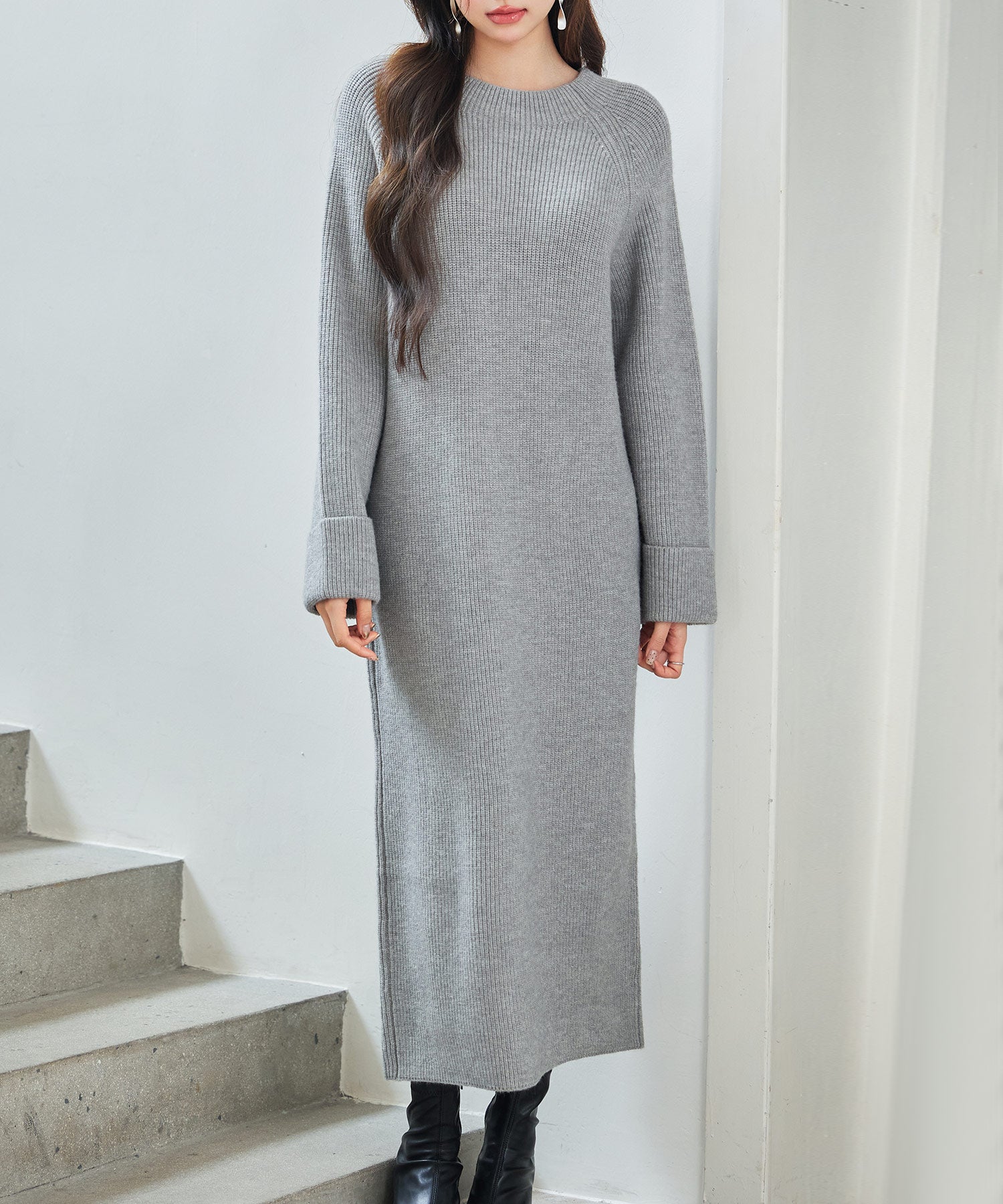 前後リバーシブル畦編みリブニットワンピースsdp8115 グレー