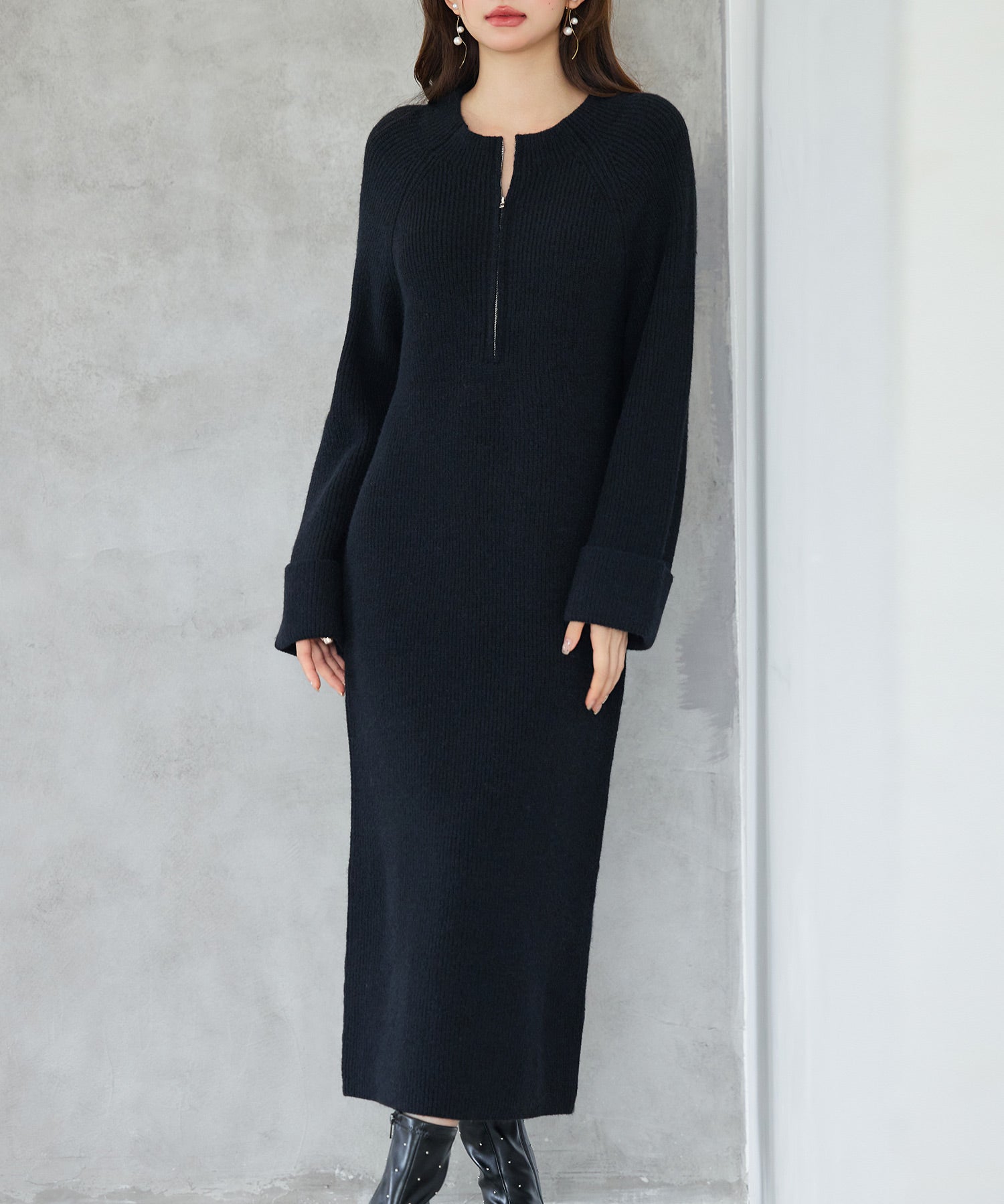 前後リバーシブル畦編みリブニットワンピースsdp8115 ブラック