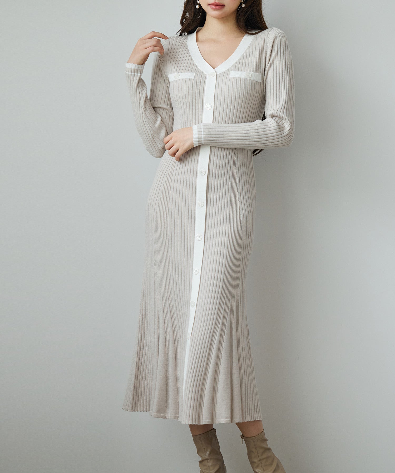 配色リブ編みニットミディ丈ワンピースsdp8116-103-14