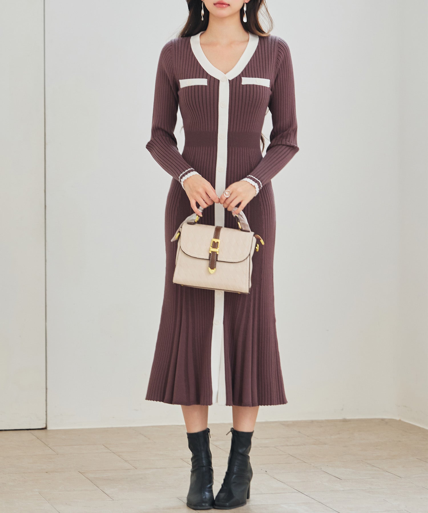 配色リブ編みニットミディ丈ワンピースsdp8116 チョコ