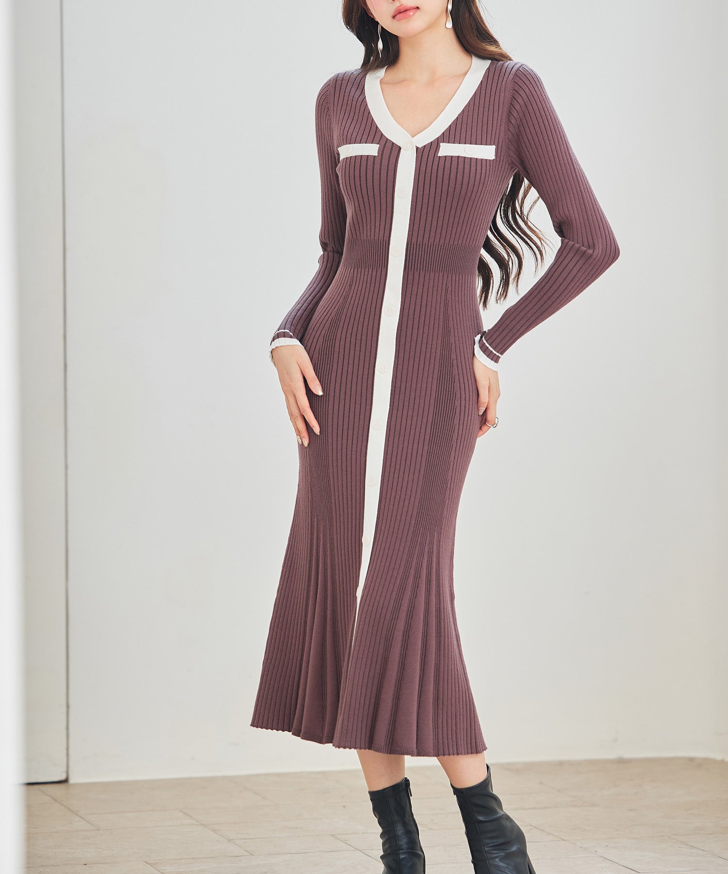 配色リブ編みニットミディ丈ワンピースsdp8116 チョコ