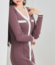 配色リブ編みニットミディ丈ワンピースsdp8116 チョコ