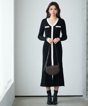 配色リブ編みニットミディ丈ワンピースsdp8116 ブラック