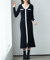 配色リブ編みニットミディ丈ワンピースsdp8116 ブラック