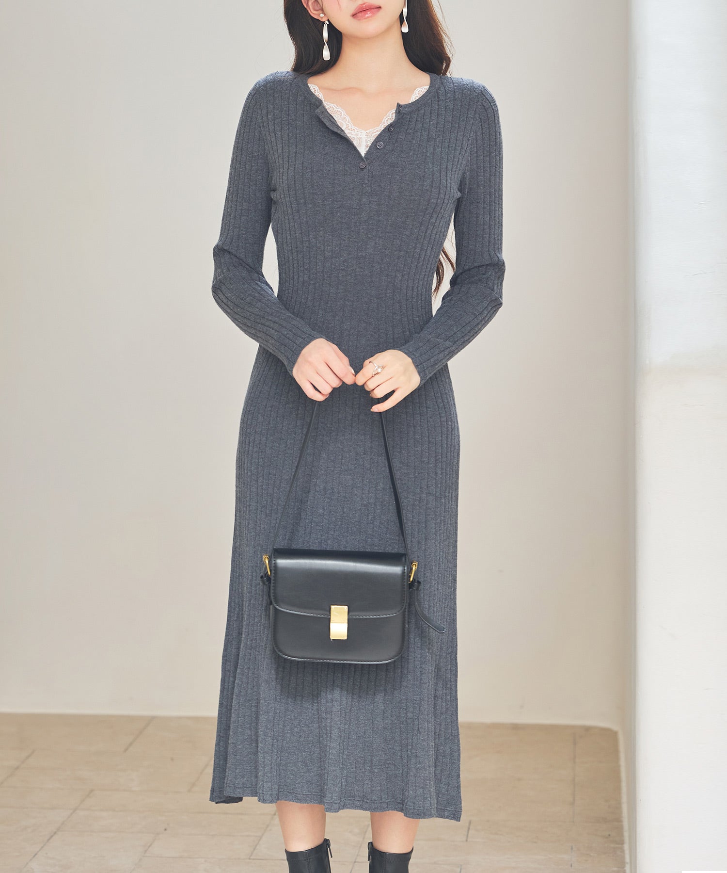 リブ編みレース付きニットワンピースsdp8117 グレー – [公式]SAISON DE