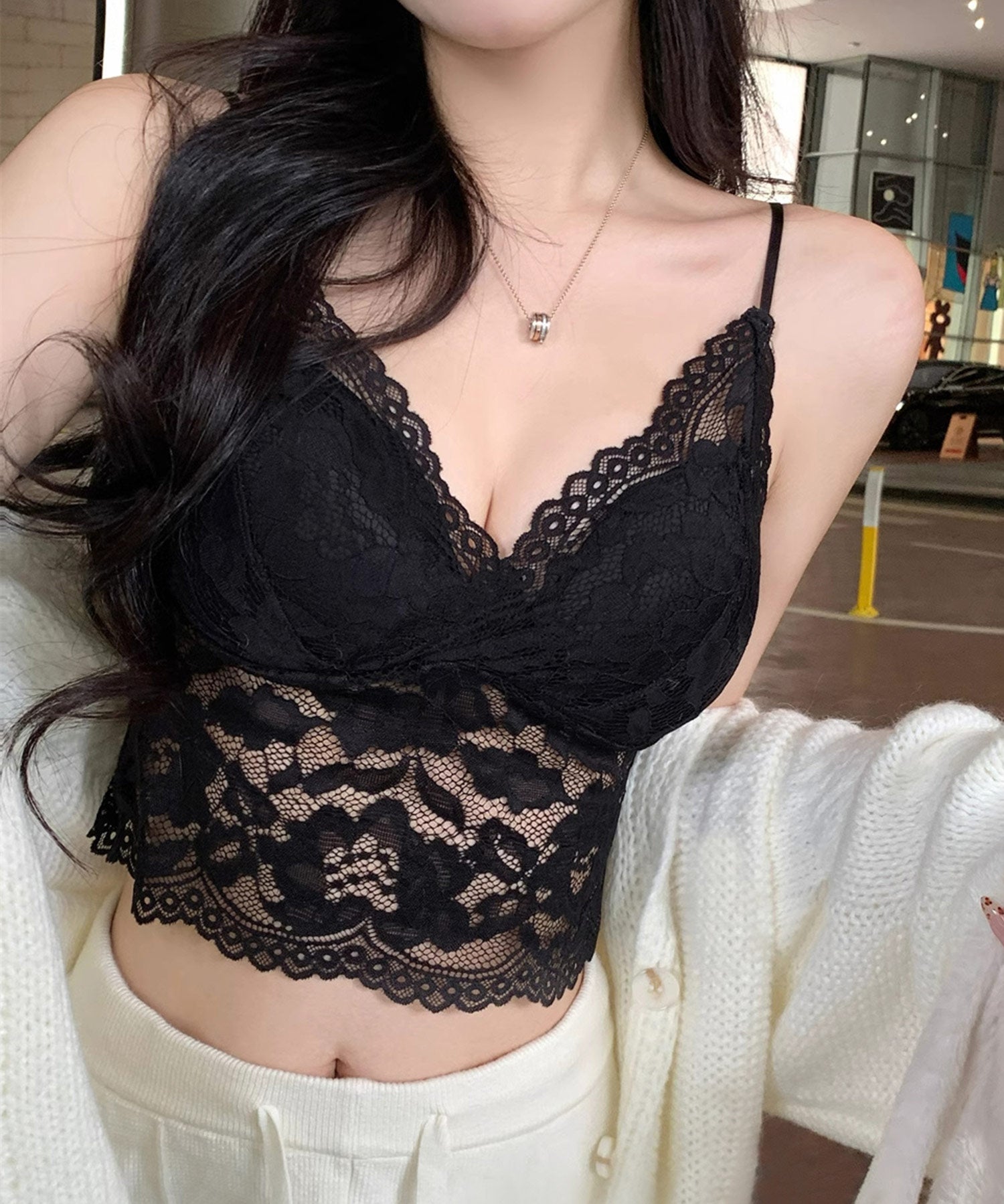 固定カップ総レースキャミソールsdpal015 ブラック