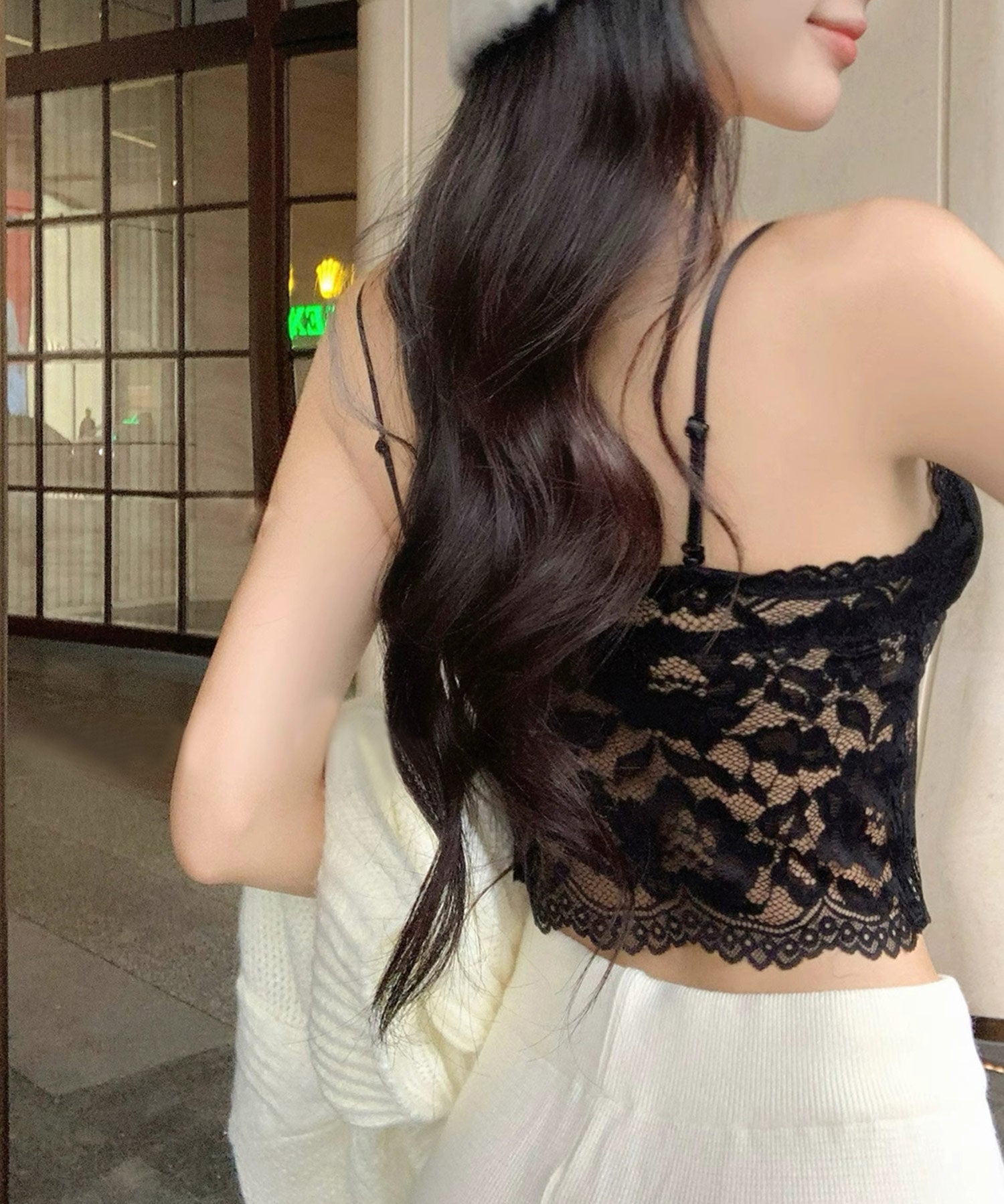 固定カップ総レースキャミソールsdpal015 ブラック