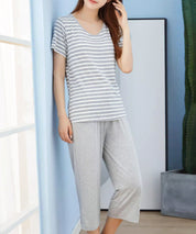 ボーダーTシャツと七分丈パンツのセットパジャマsdpal0513 グレー