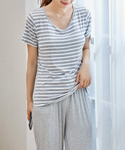 ボーダーTシャツと七分丈パンツのセットパジャマsdpal0513 グレー