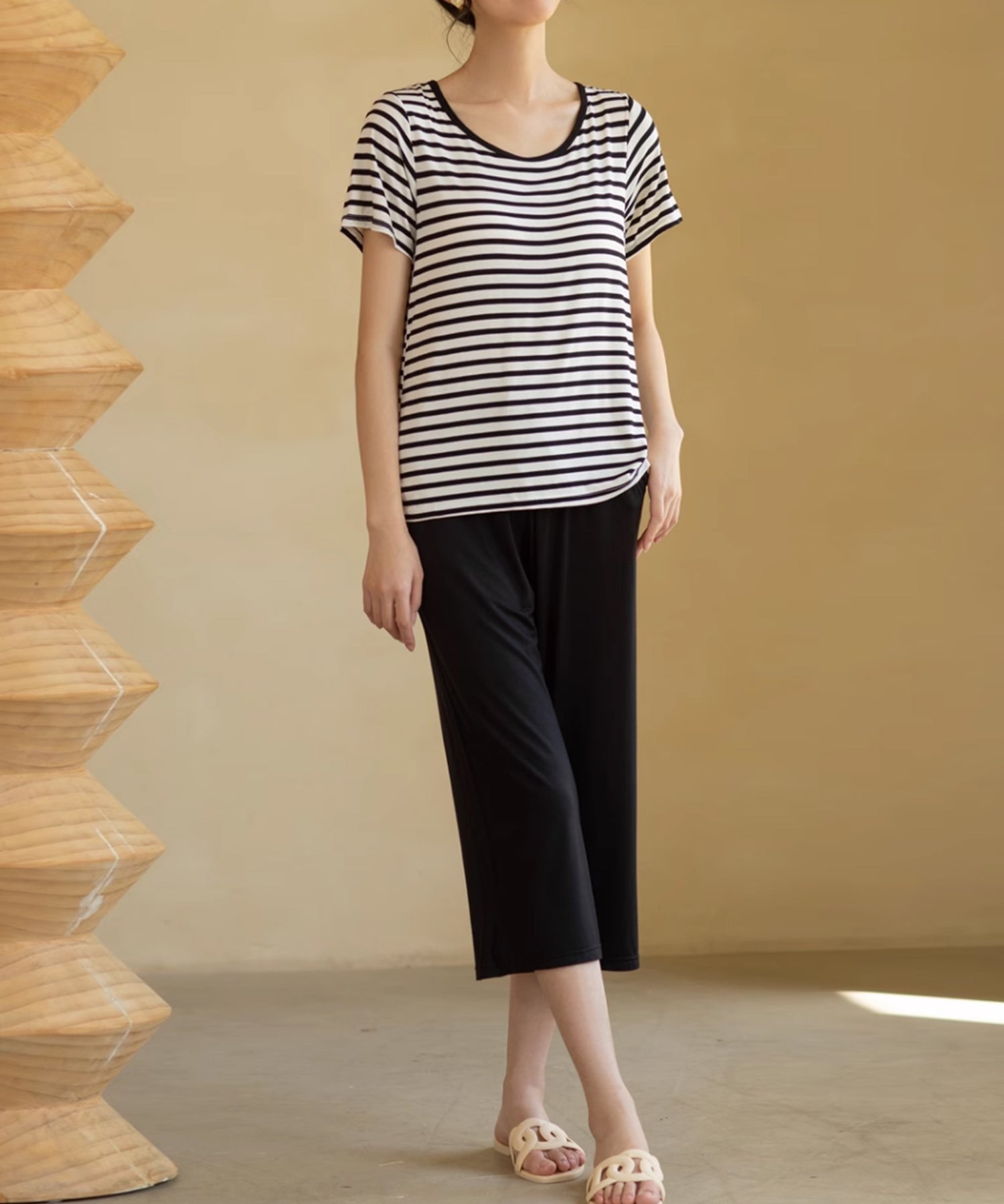 ボーダーTシャツと七分丈パンツのセットパジャマsdpal0513 ブラック