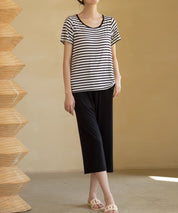 ボーダーTシャツと七分丈パンツのセットパジャマsdpal0513 ブラック