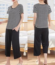 ボーダーTシャツと七分丈パンツのセットパジャマsdpal0513 ブラック