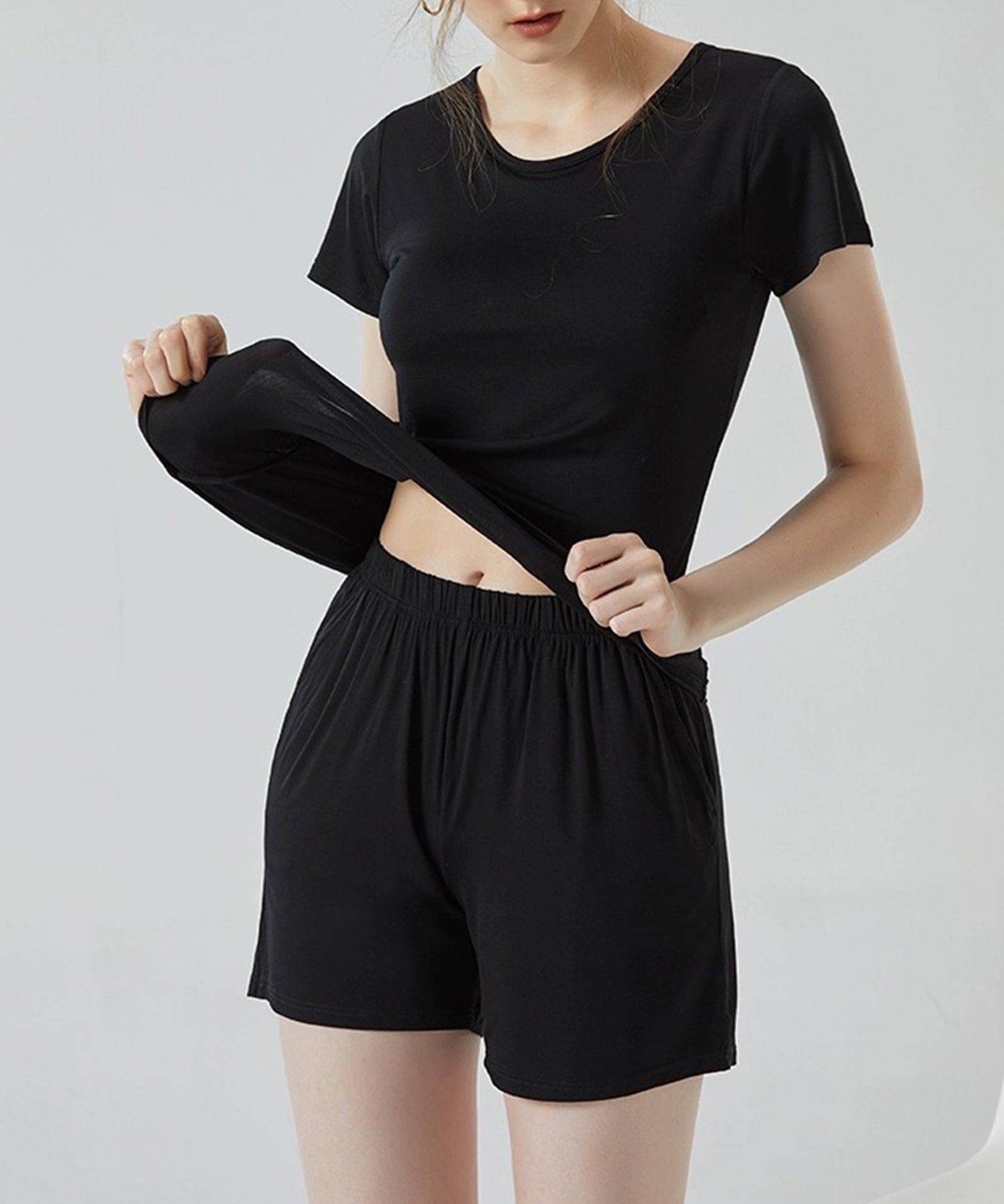 半袖トップスとショートパンツのセットパジャマsdpal0514 ブラック