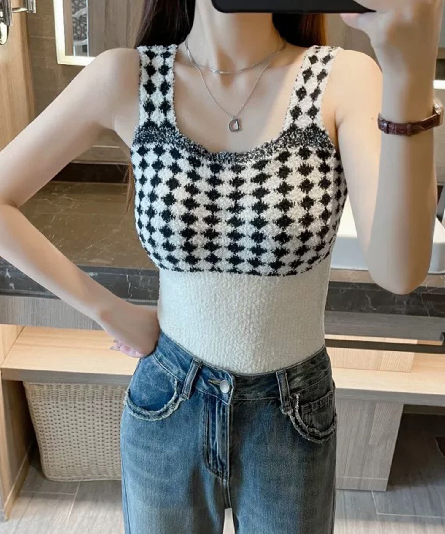 肌に優しい暖かタンクトップsdpal2205 ブラック×ホワイト