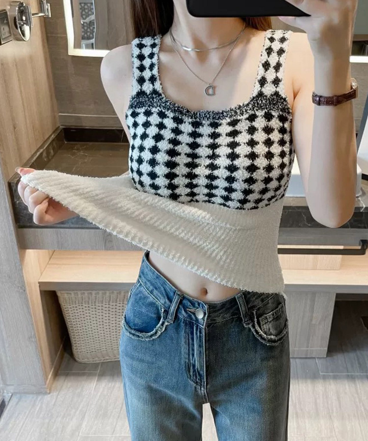 肌に優しい暖かタンクトップsdpal2205 ブラック×ホワイト