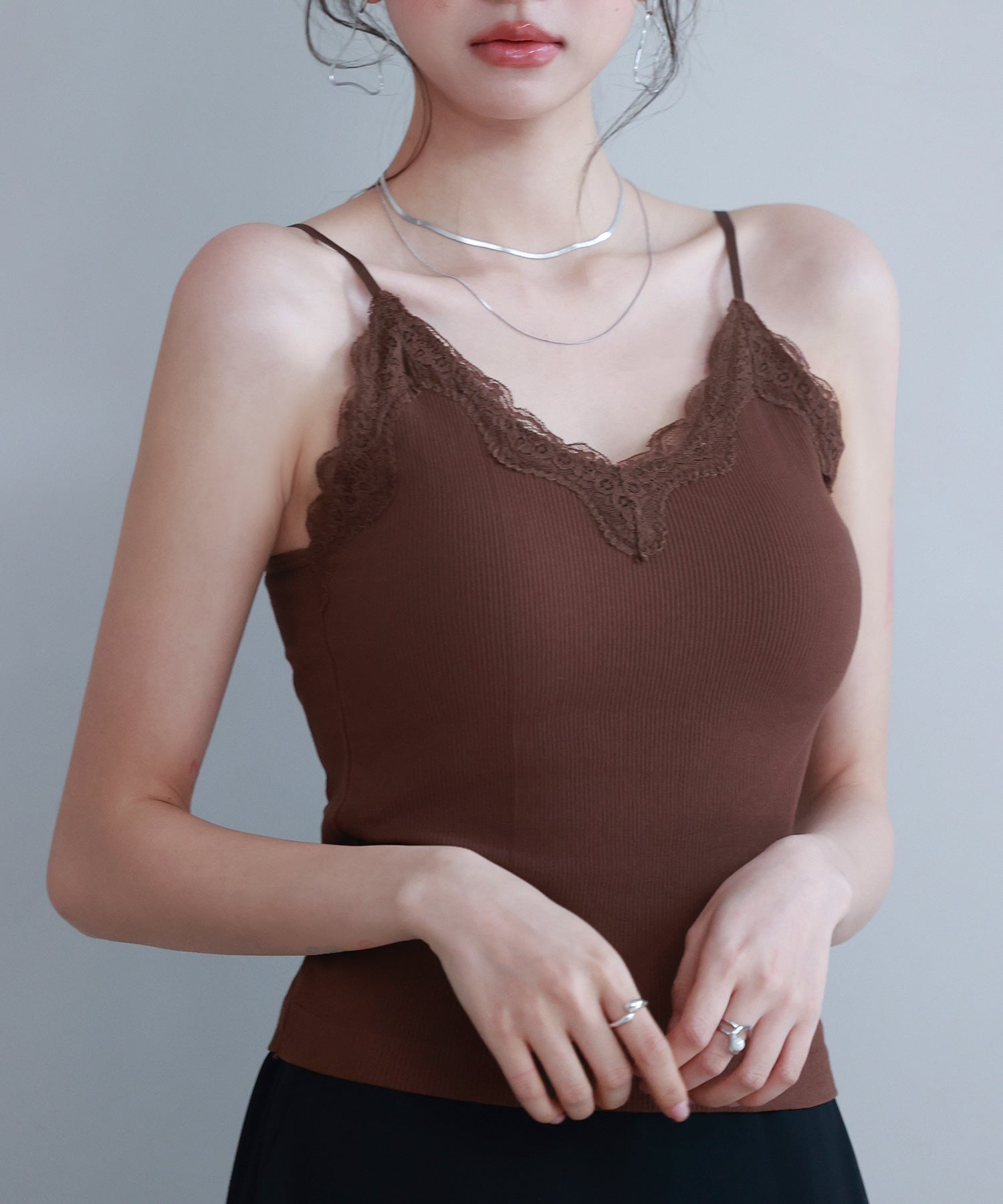 胸元レースカットソーキャミソールsdpal6158 ダークブラウン
