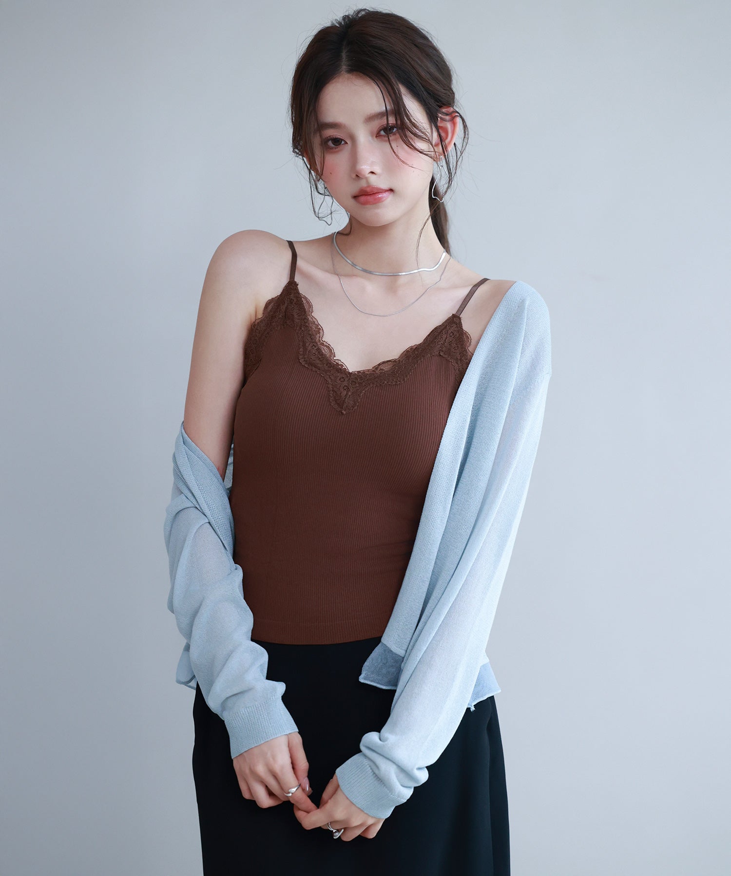 胸元レースカットソーキャミソールsdpal6158 ダークブラウン