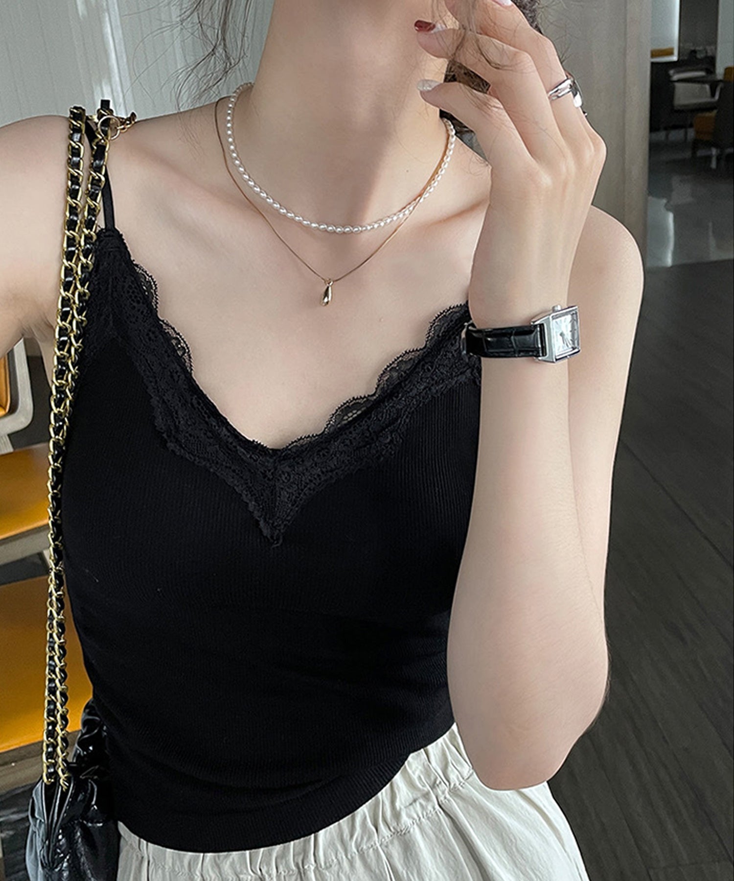 胸元レースカットソーキャミソールsdpal6158 ブラック