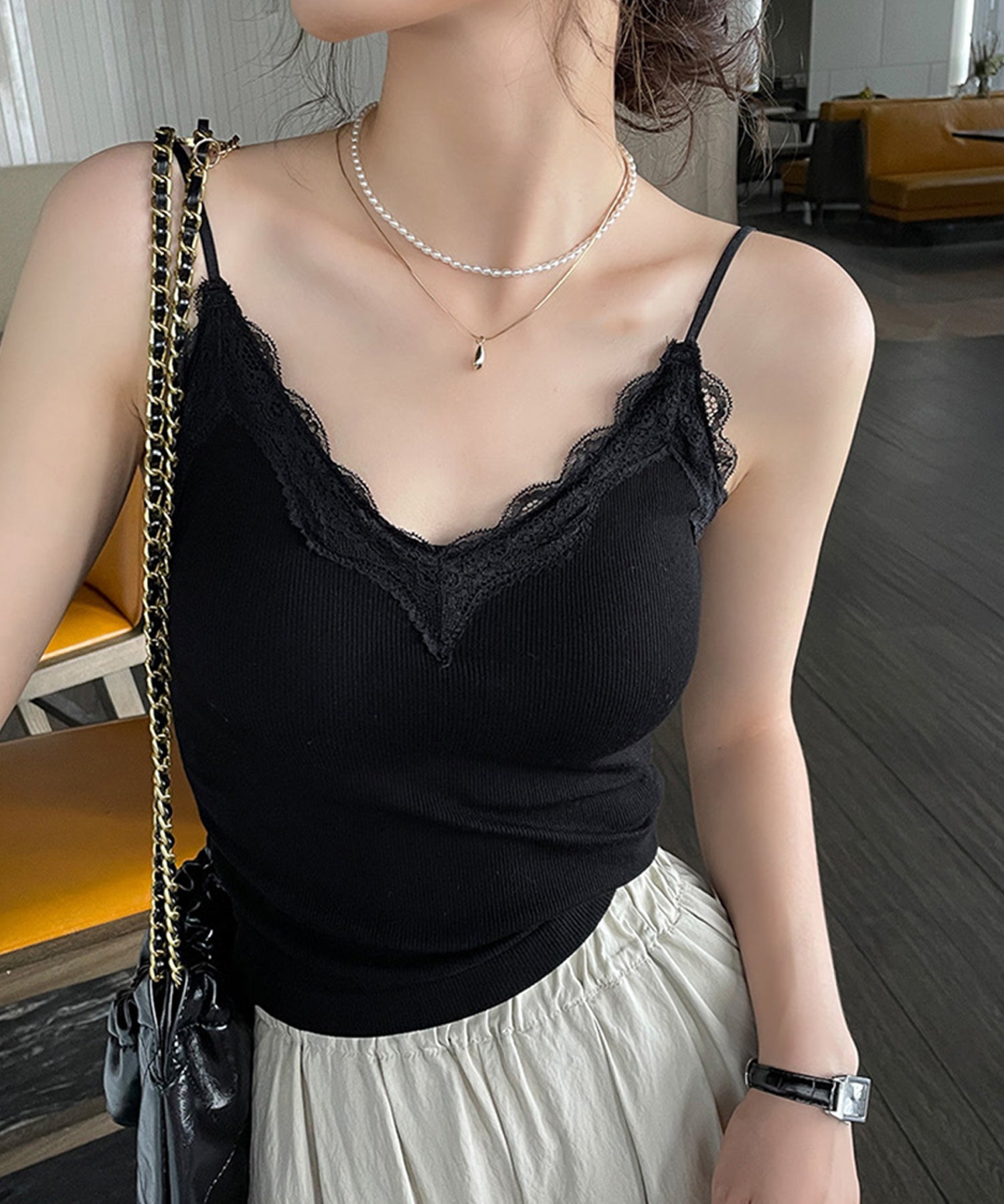 胸元レースカットソーキャミソールsdpal6158 ブラック