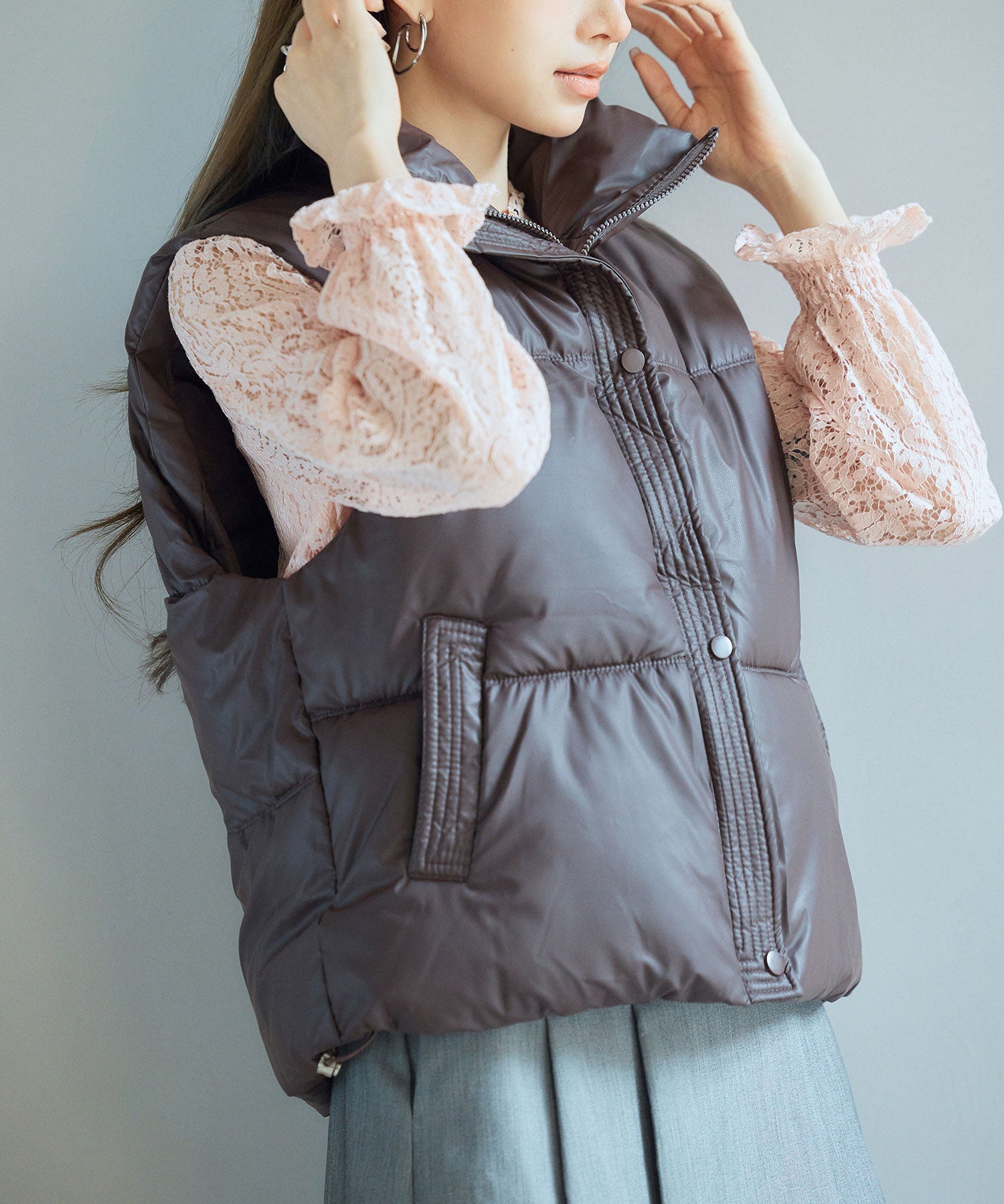 ドローストリング裾中綿ダウンベストsdpal9872 ダークブラウン