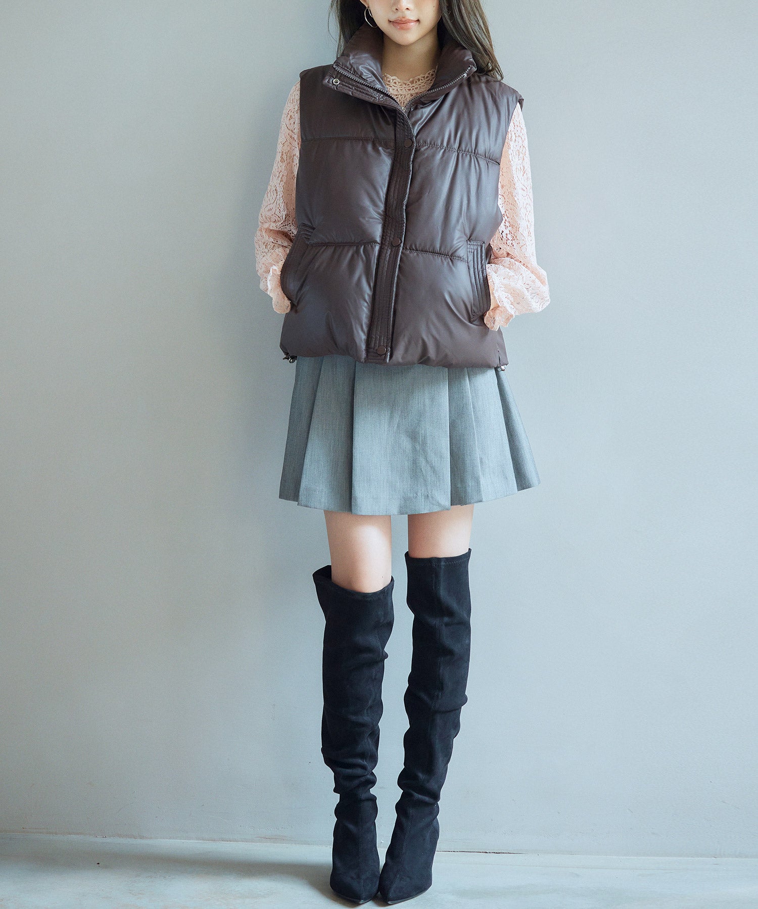 ドローストリング裾中綿ダウンベストsdpal9872 ダークブラウン