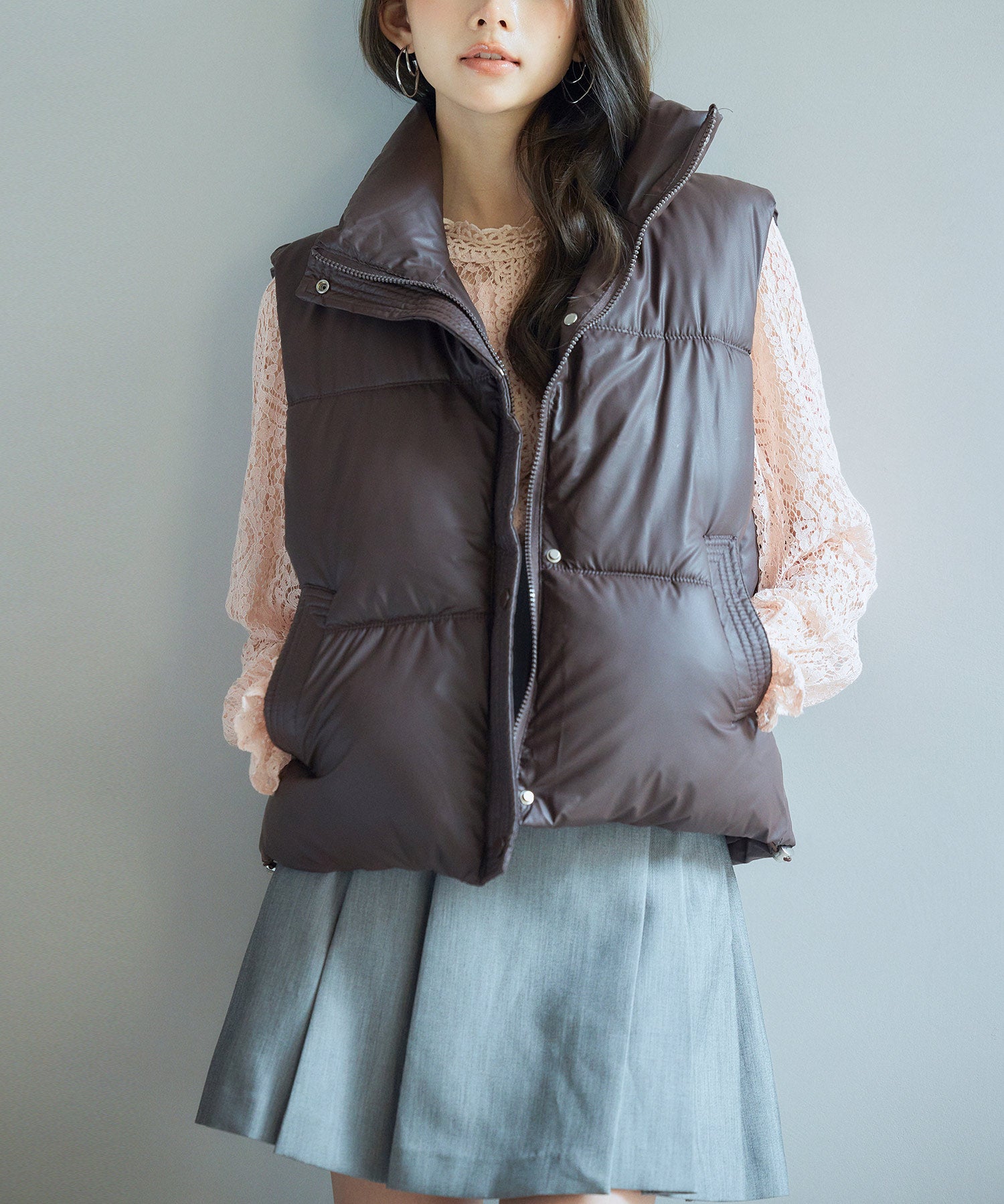 ドローストリング裾中綿ダウンベストsdpal9872 ダークブラウン