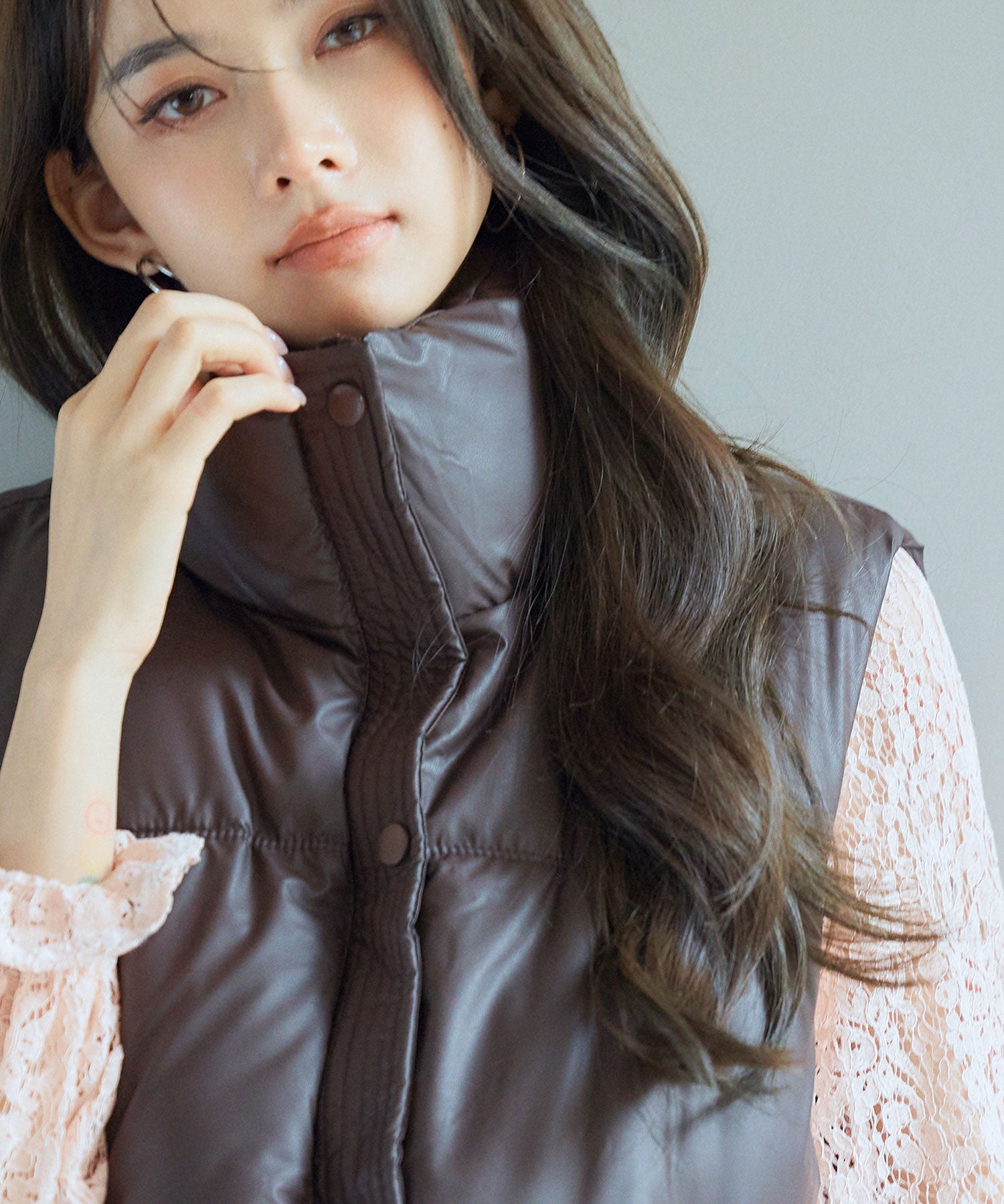 ドローストリング裾中綿ダウンベストsdpal9872 ダークブラウン