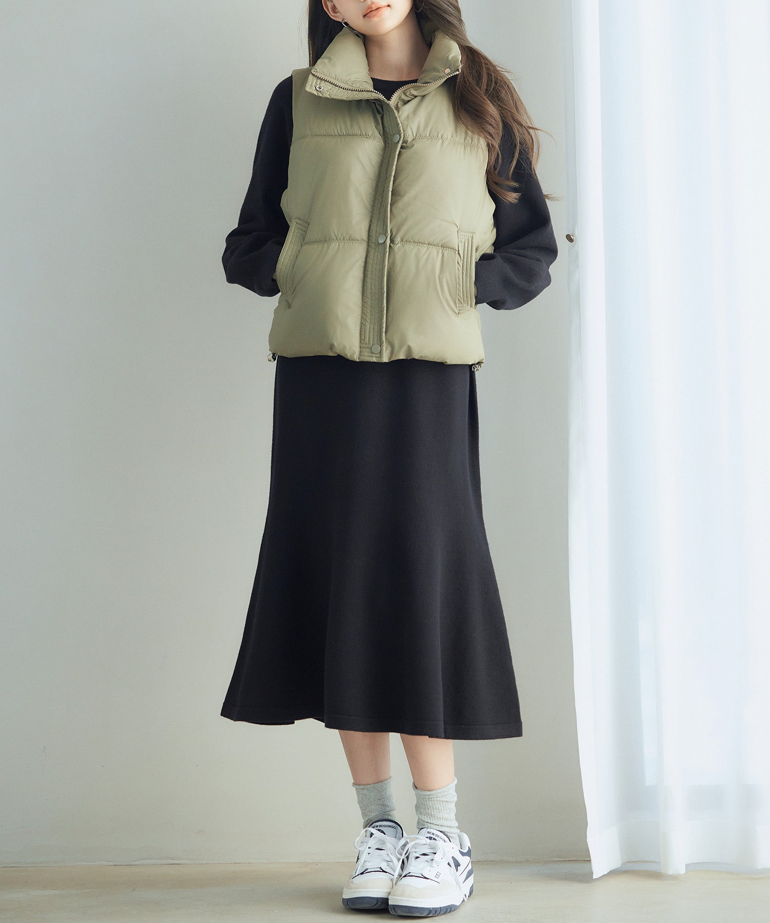 ドローストリング裾中綿ダウンベストsdpal9872 グリーン