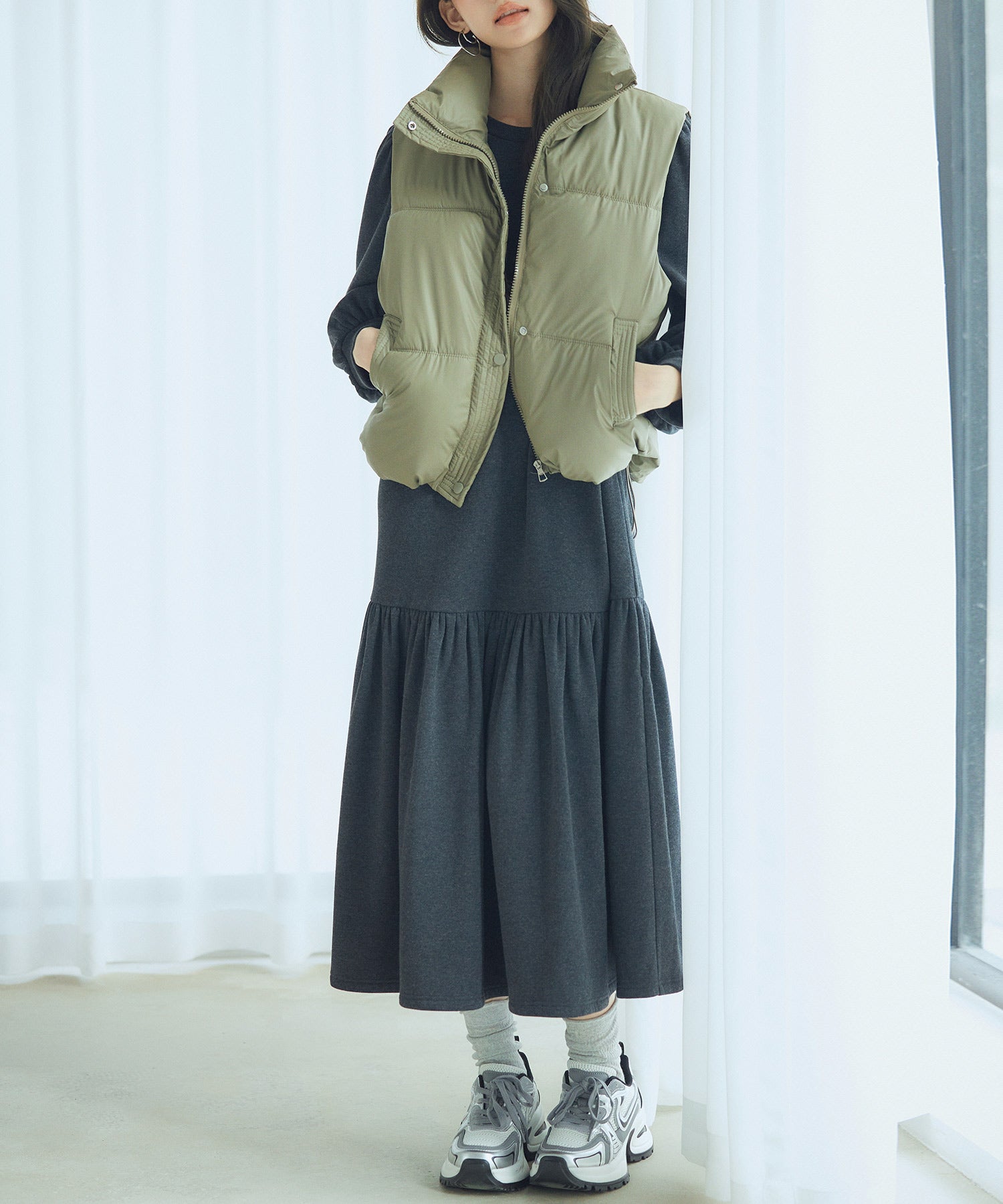 ドローストリング裾中綿ダウンベストsdpal9872 グリーン