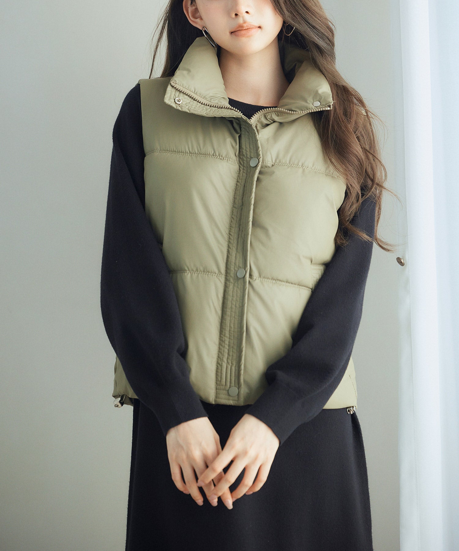 ドローストリング裾中綿ダウンベストsdpal9872 グリーン