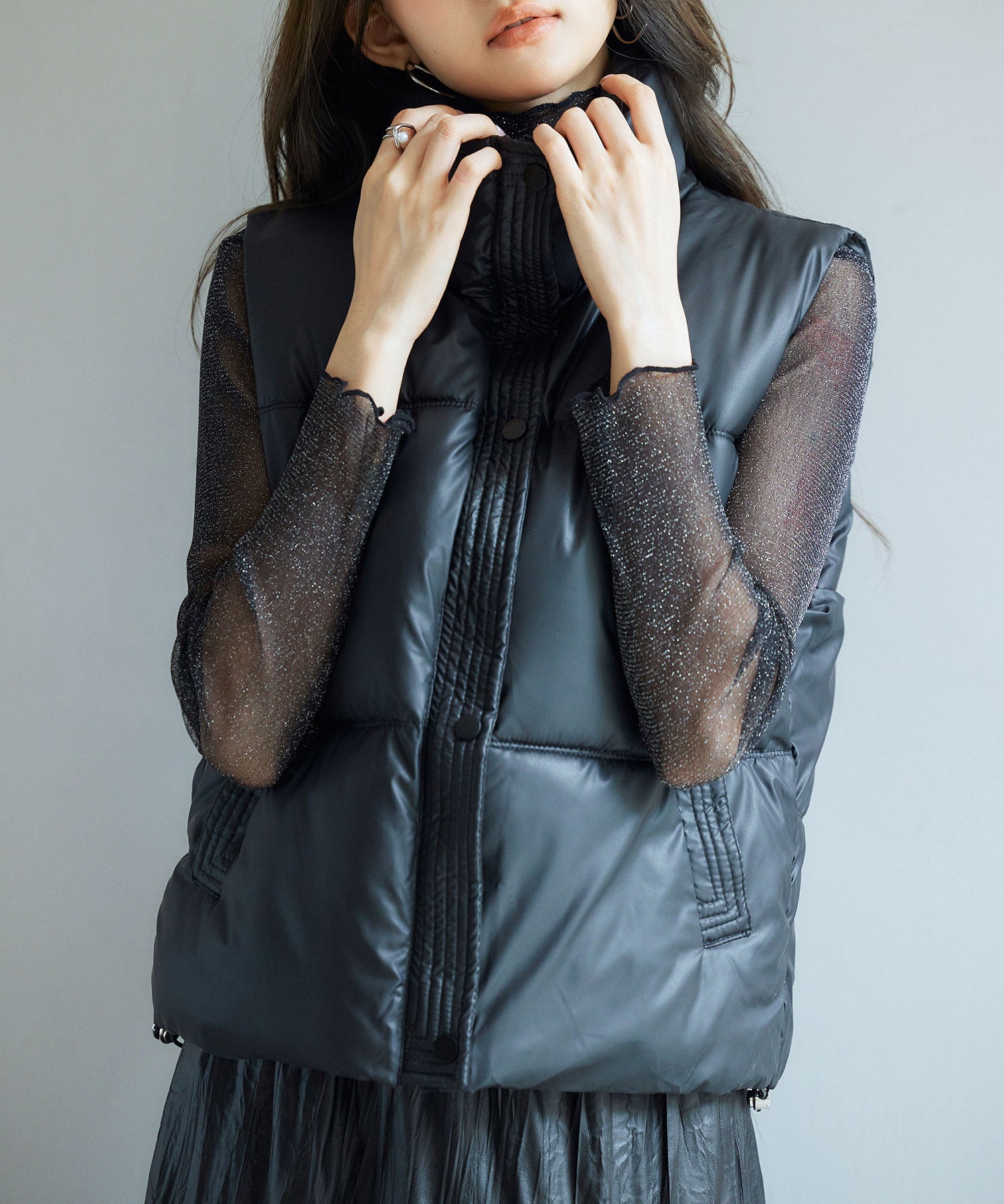 ドローストリング裾中綿ダウンベストsdpal9872 ブラック