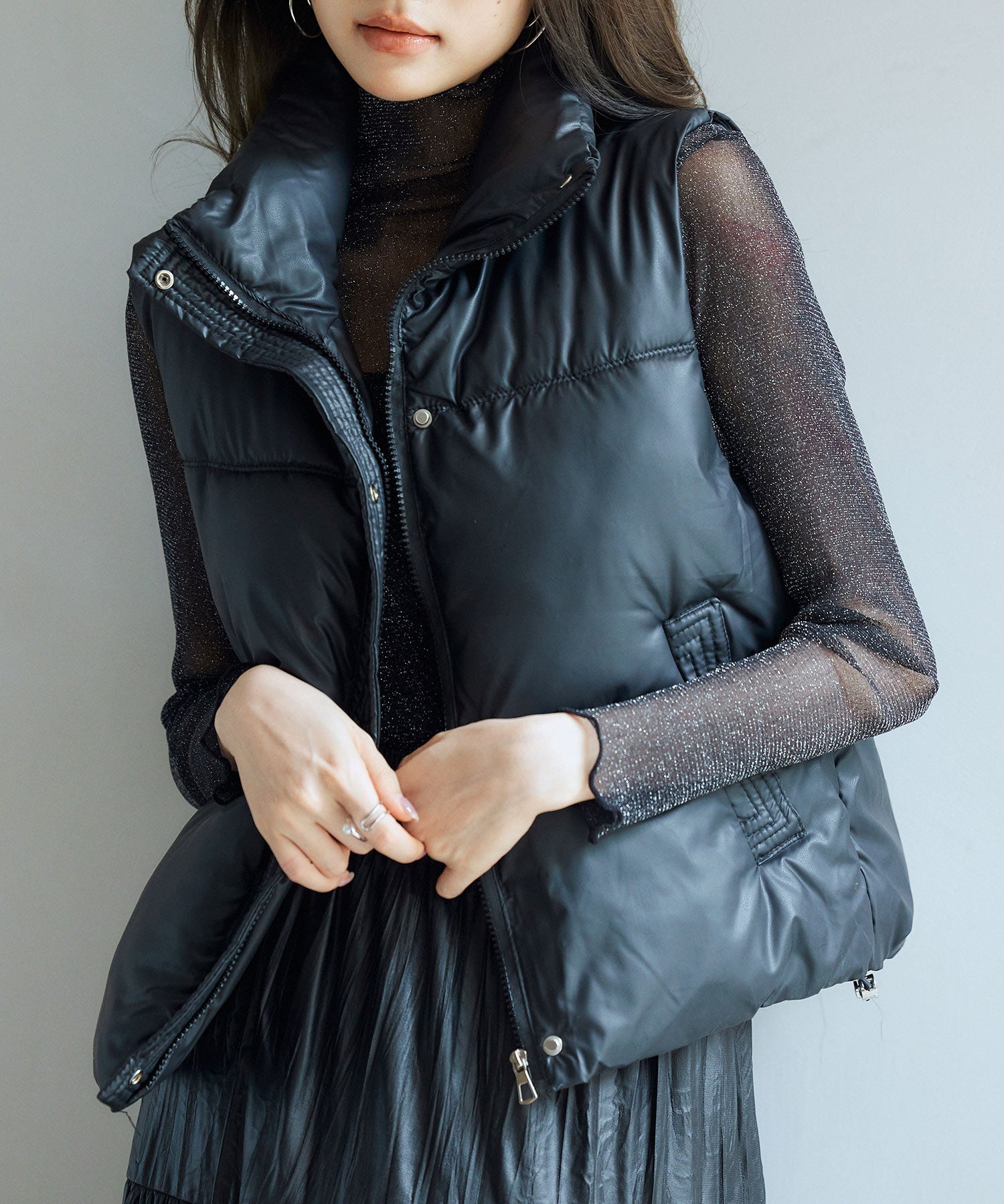 ドローストリング裾中綿ダウンベストsdpal9872 ブラック