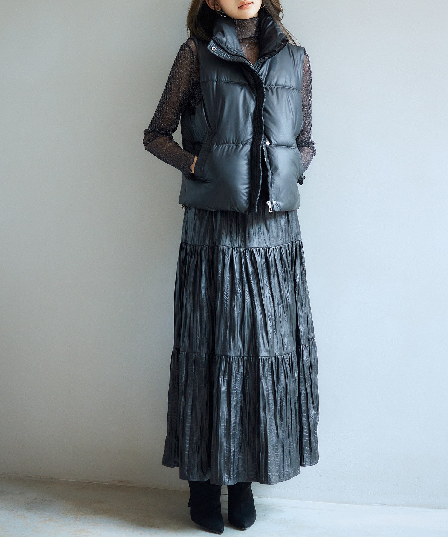 ドローストリング裾中綿ダウンベストsdpal9872 ブラック