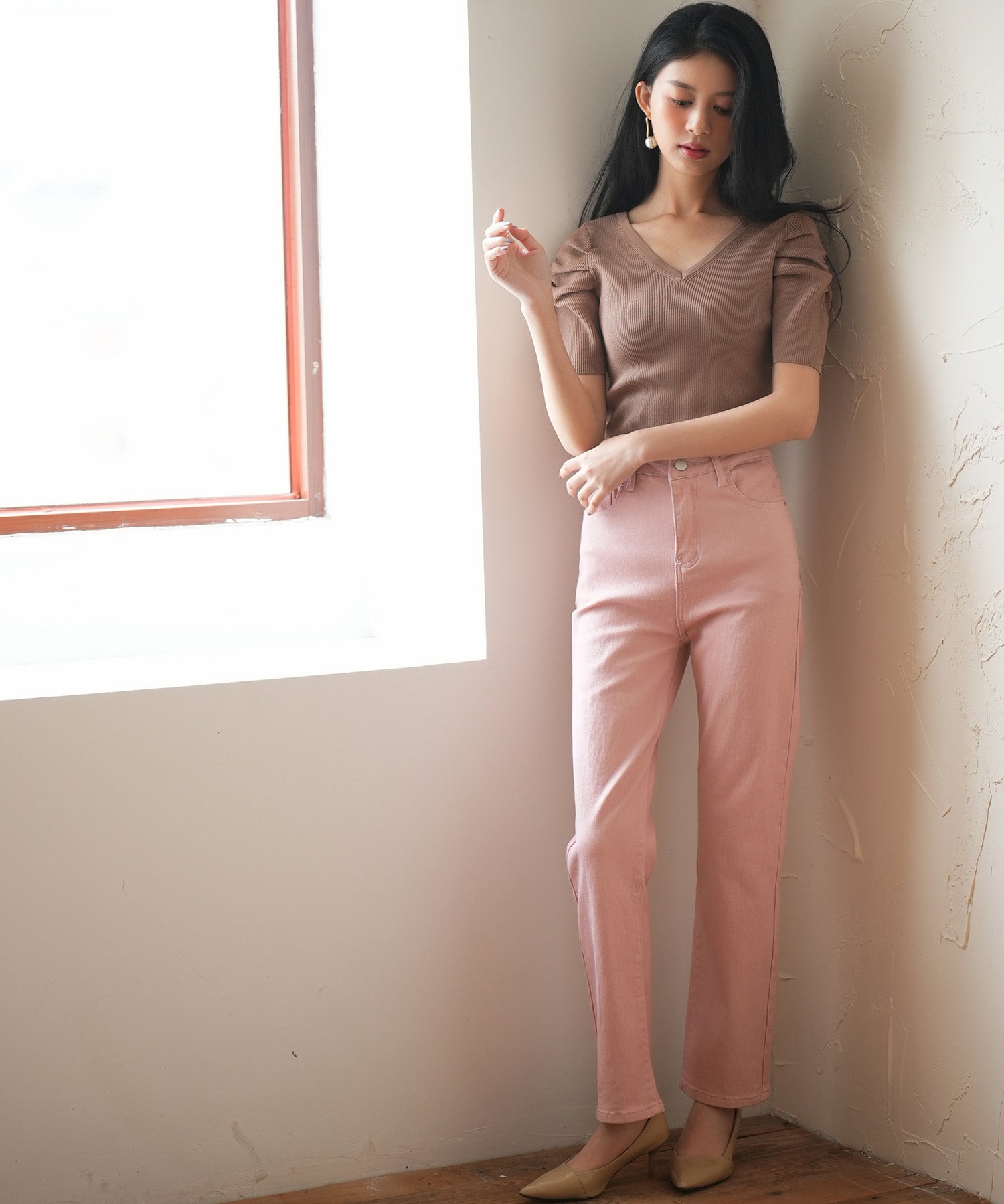 ハイウエストストレートデニムパンツsdpald11 ライトピンク