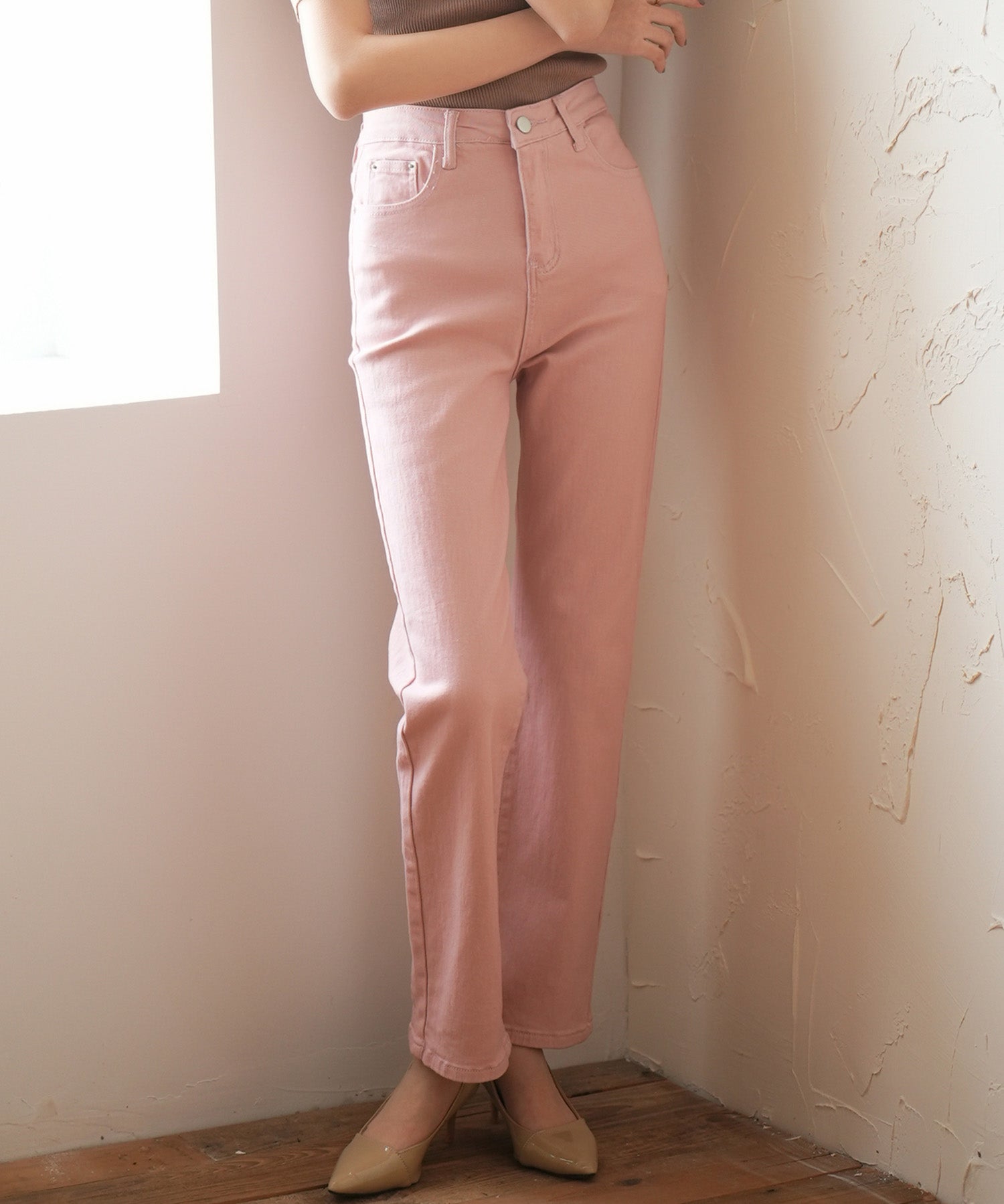 ハイウエストストレートデニムパンツsdpald11 ライトピンク