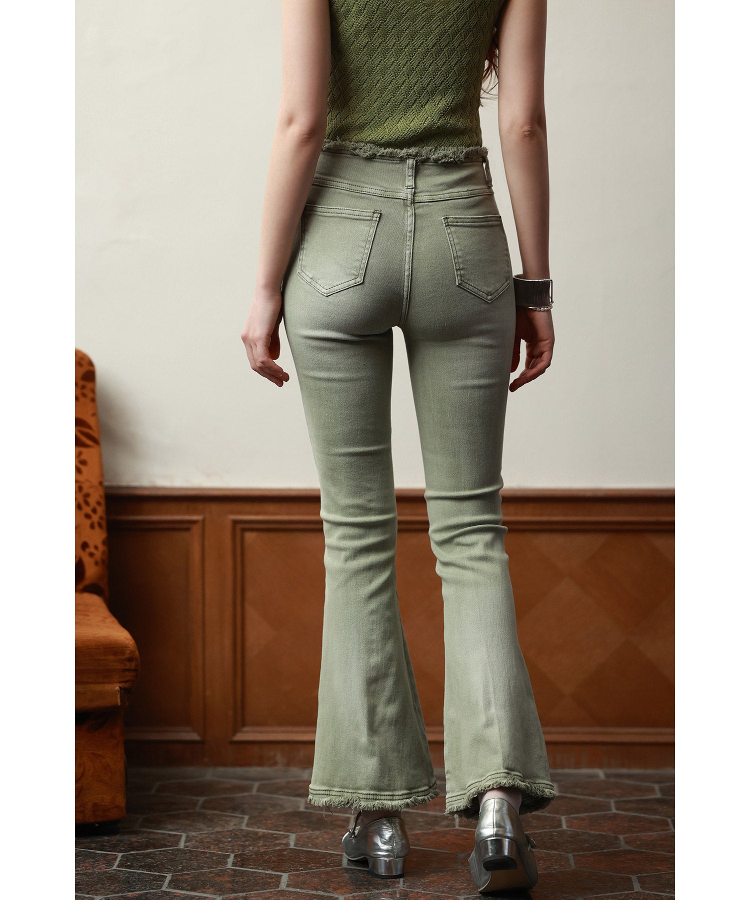 ハイライズフレア裾フリンジデニムパンツsdpald12 グリーン