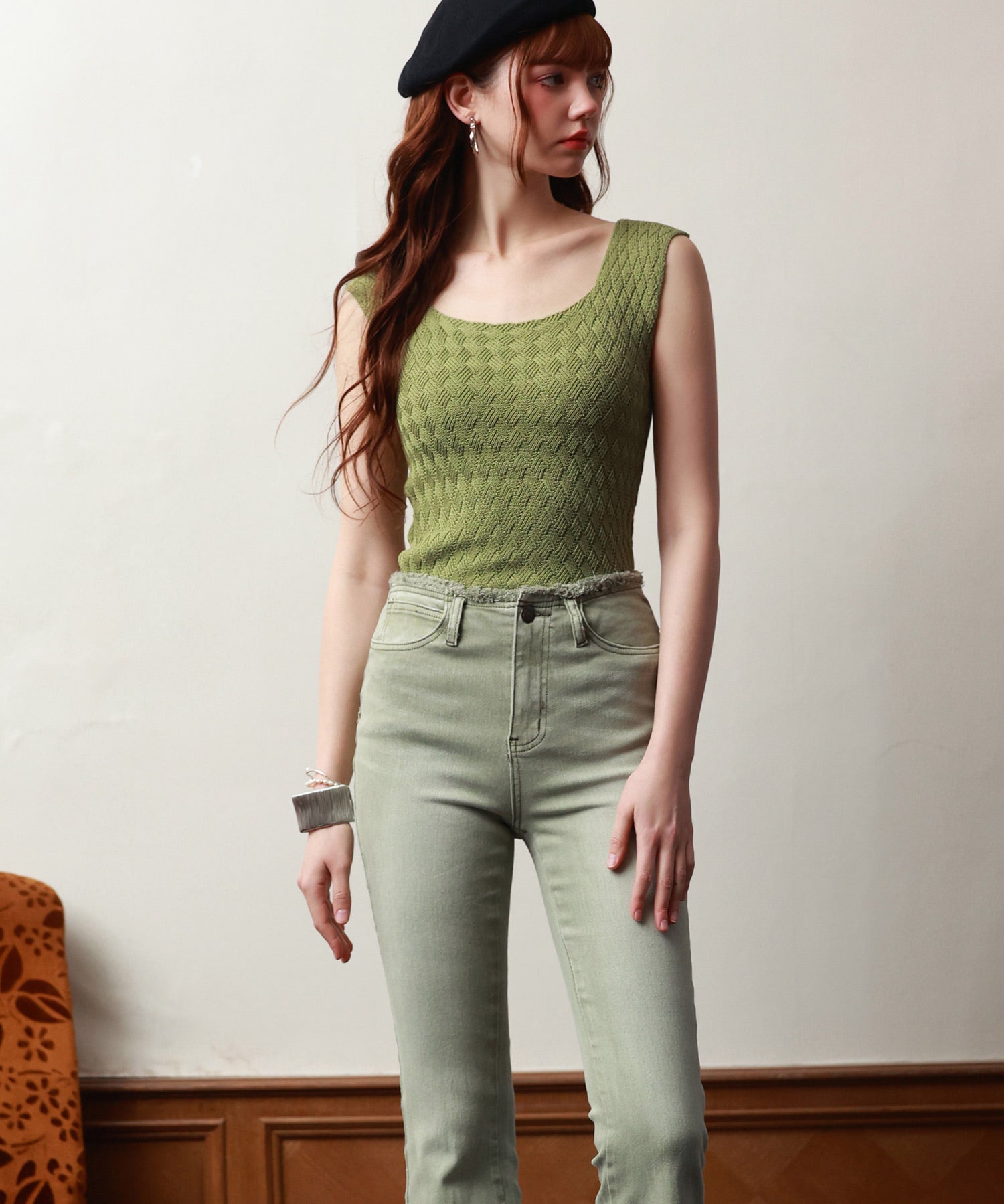 ハイライズフレア裾フリンジデニムパンツsdpald12 グリーン