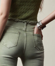 ハイライズフレア裾フリンジデニムパンツsdpald12 グリーン