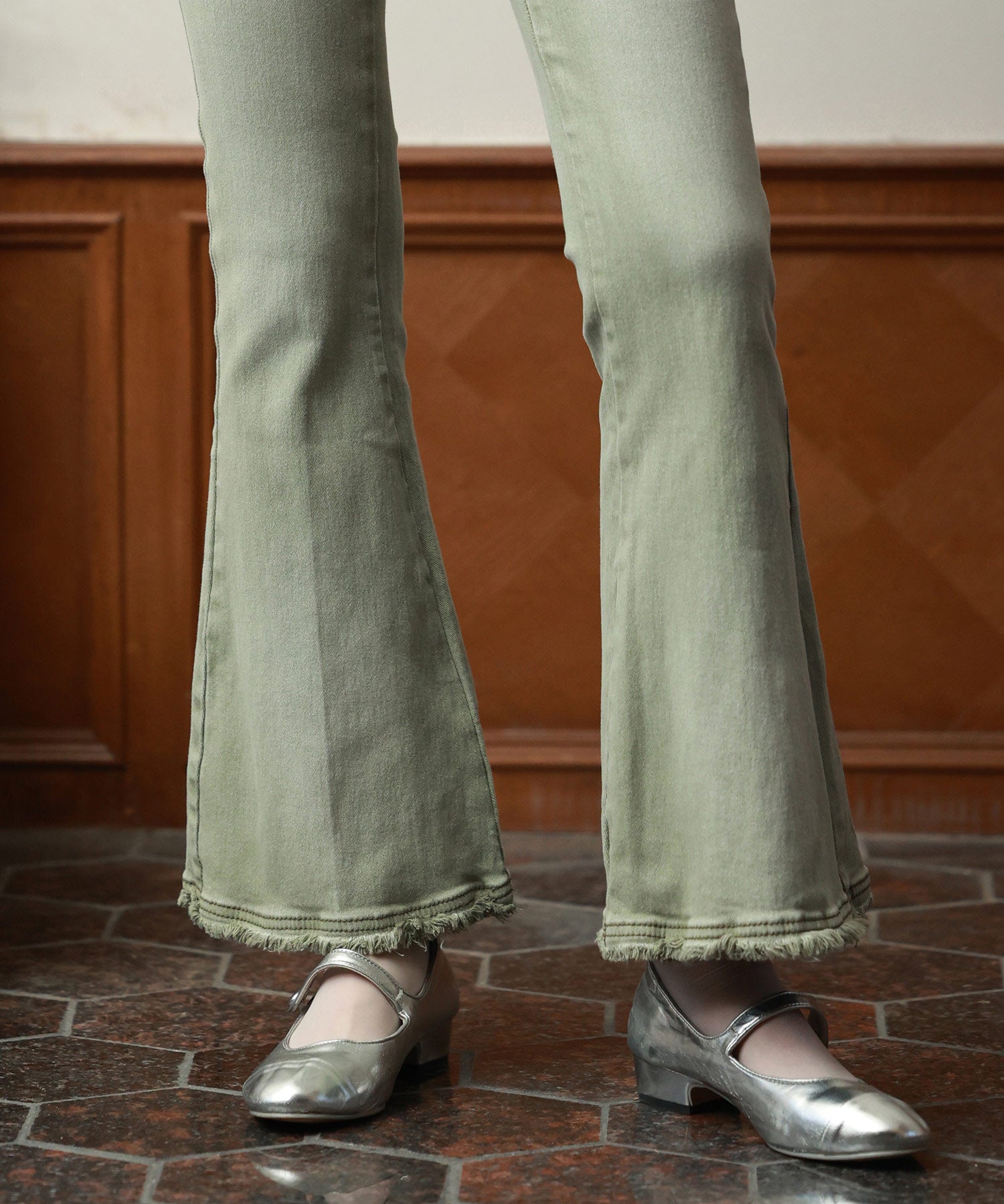 ハイライズフレア裾フリンジデニムパンツsdpald12 グリーン